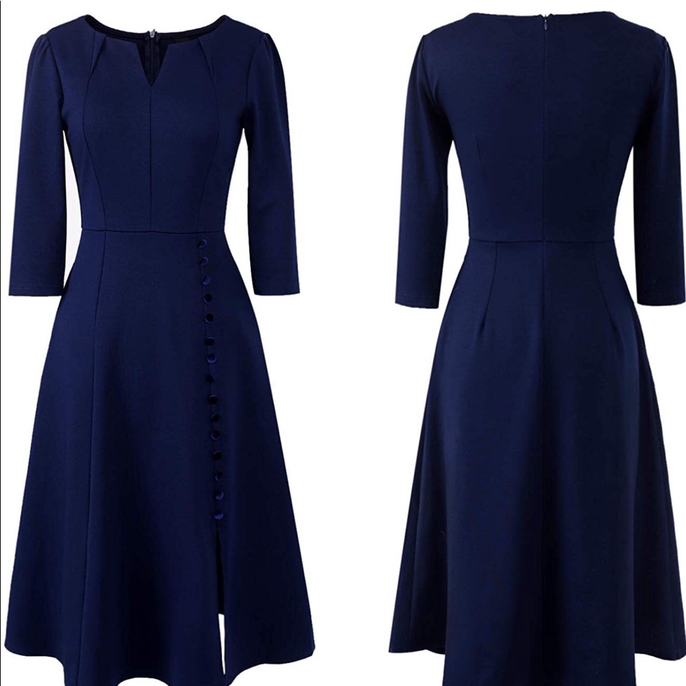 Navy Blue Midi dress with pockets and buttons.